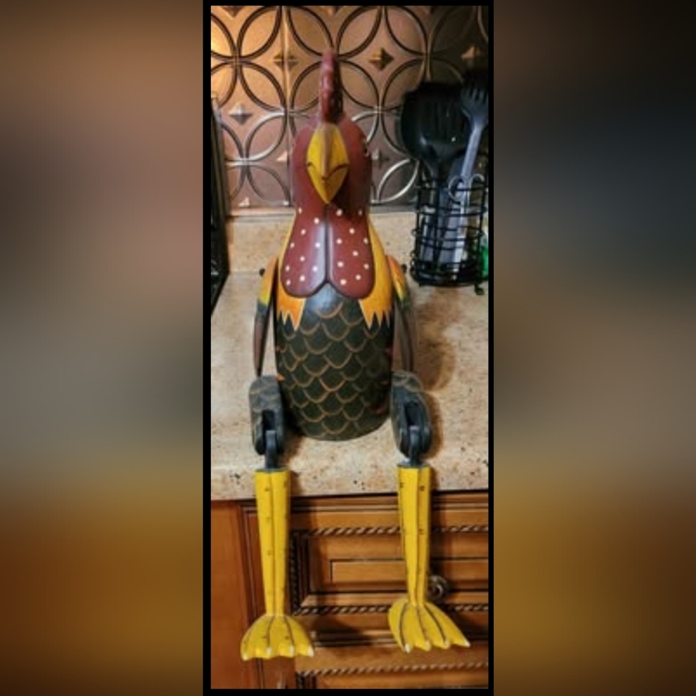 Vibrant Wooden Rooster Sculpture